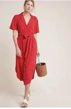 ANTHROPOLOGIE MAEVE Red “Aria” Textured Midi Shirt Dress Sz md